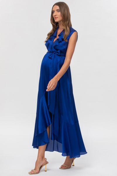 Festive Maternity and Nursing Dress with Flounces blue