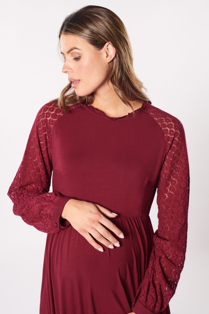 A-line Maternity Dress with Lace Sleeves bordeaux