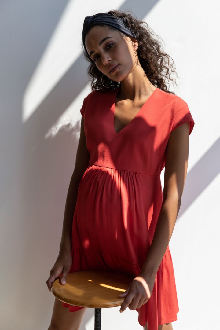 Maternity Dress with Flounce Hem red