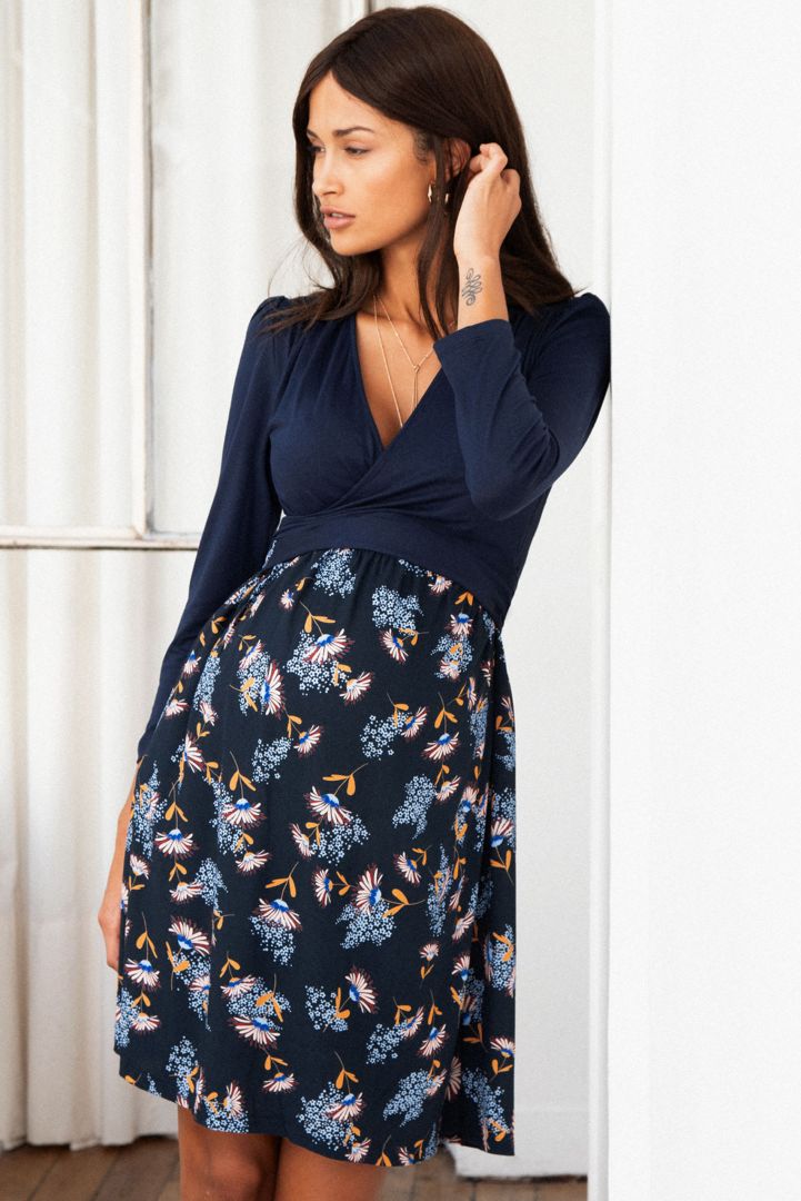 Maternity and Nursing Dress with Wrap Top navy