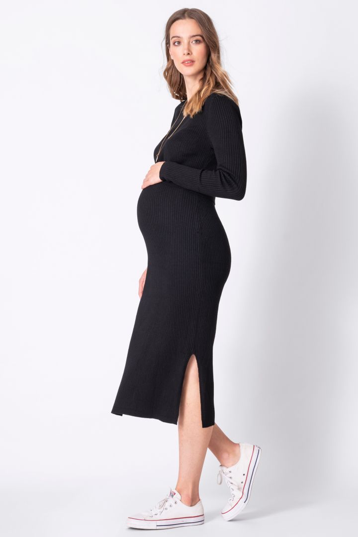 Crew Neck Layered Maternity Knit Dress black