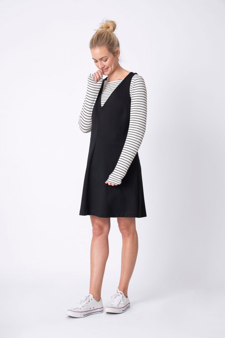 Three-piece maternity set: dress, striped shirt, and leggings