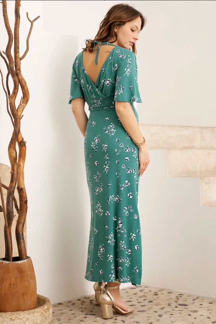 Maternity and Nursing Dress long with Flower Print teal