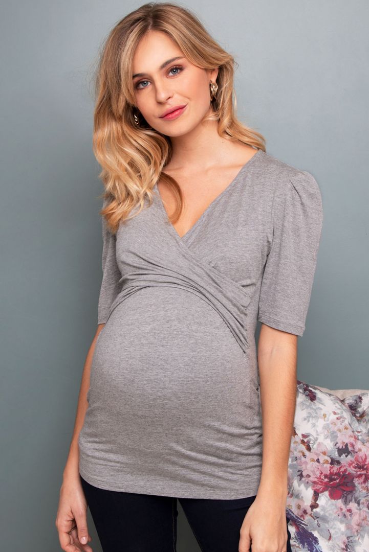 Maternity and Nursing Tunic with Ruffle Sleeves grey