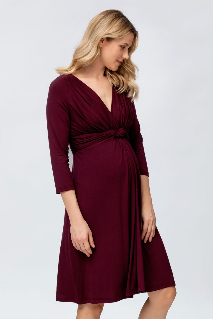 Maternity and Nursing Dress with Knot Detail 3/4 Sleeve bordeaux
