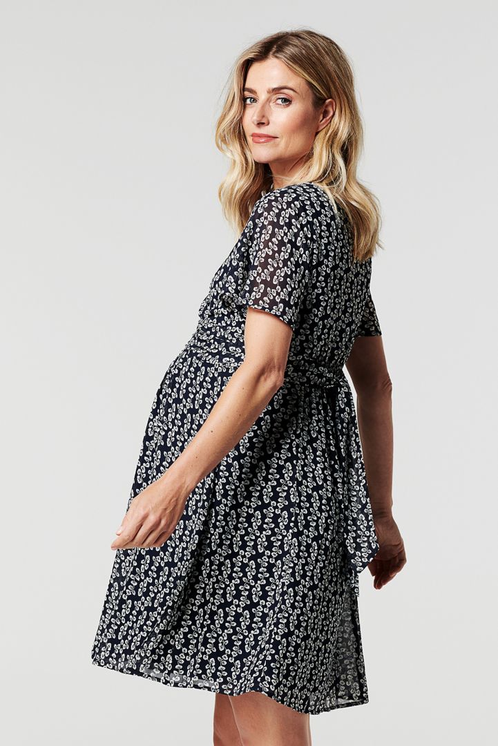 Chiffon Maternity Dress with Short Cap Sleeves and Flower Print
