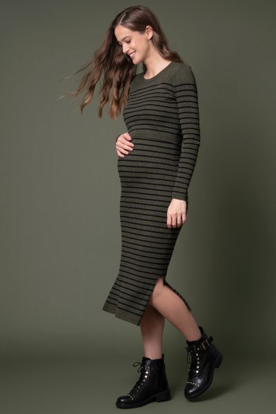 Rib Knit Maternity and Nursing Dress with Stripes