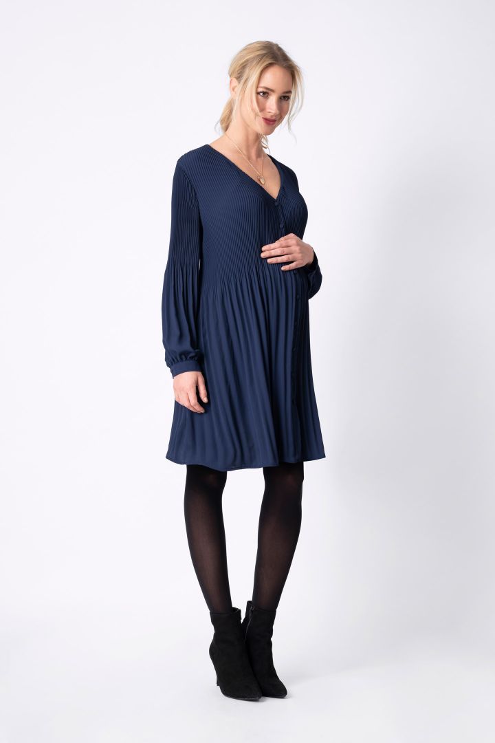 Pleated maternity and nursing dress with button facing