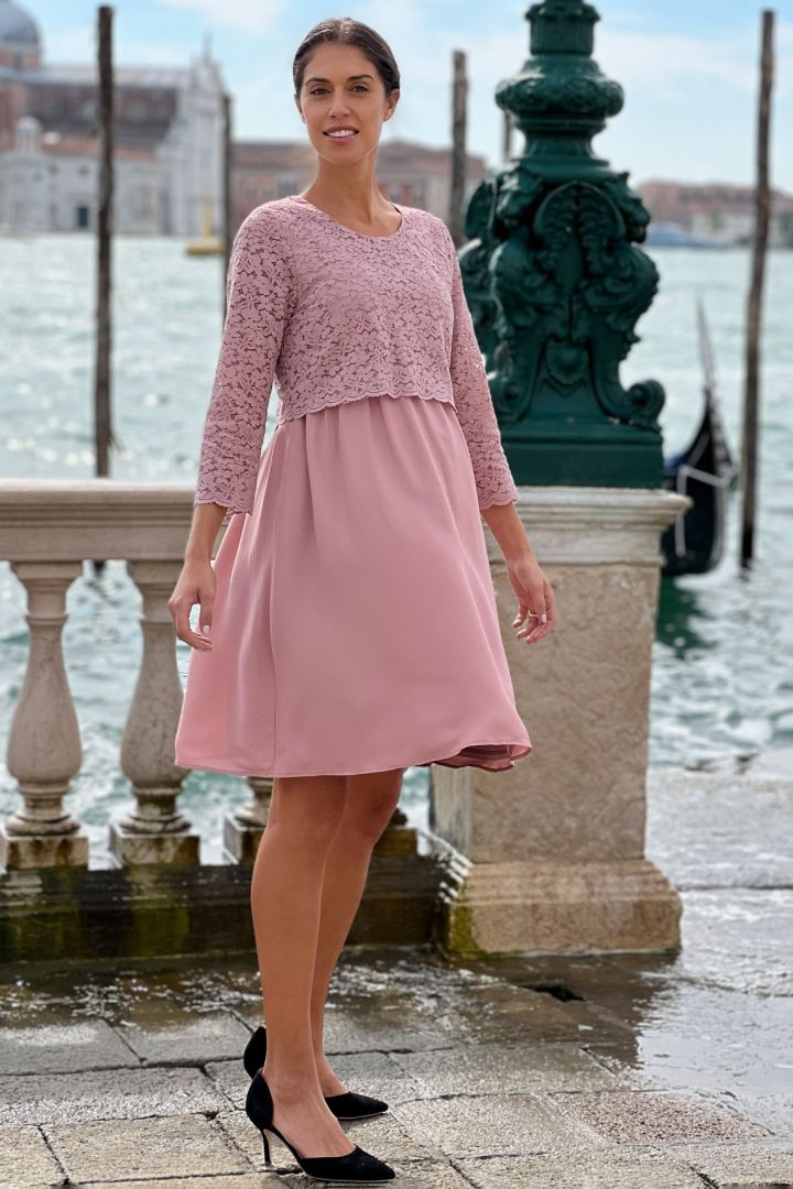 Festive maternity and nursing dress with 3/4 sleeves mauve