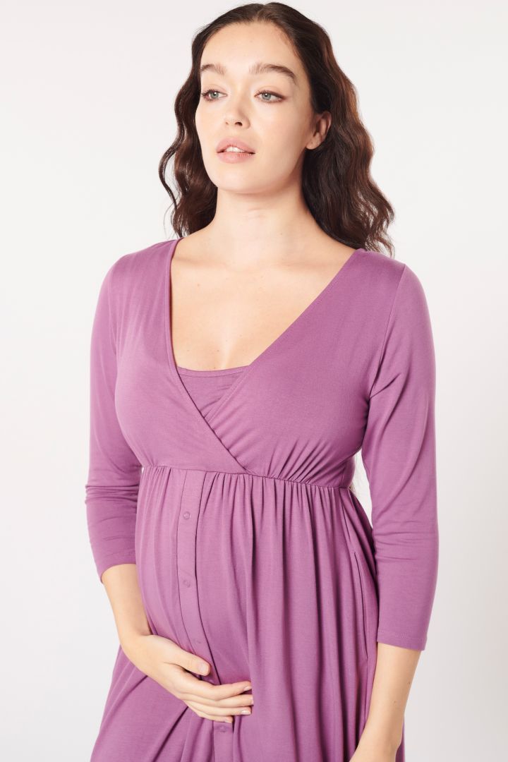 Long-sleeved Eco Viscose Maternity and Nursing Nightgown with Cache-Coeur Nec...