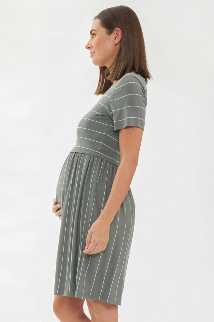Maternity and Nursing Dress olive / weiß Striped