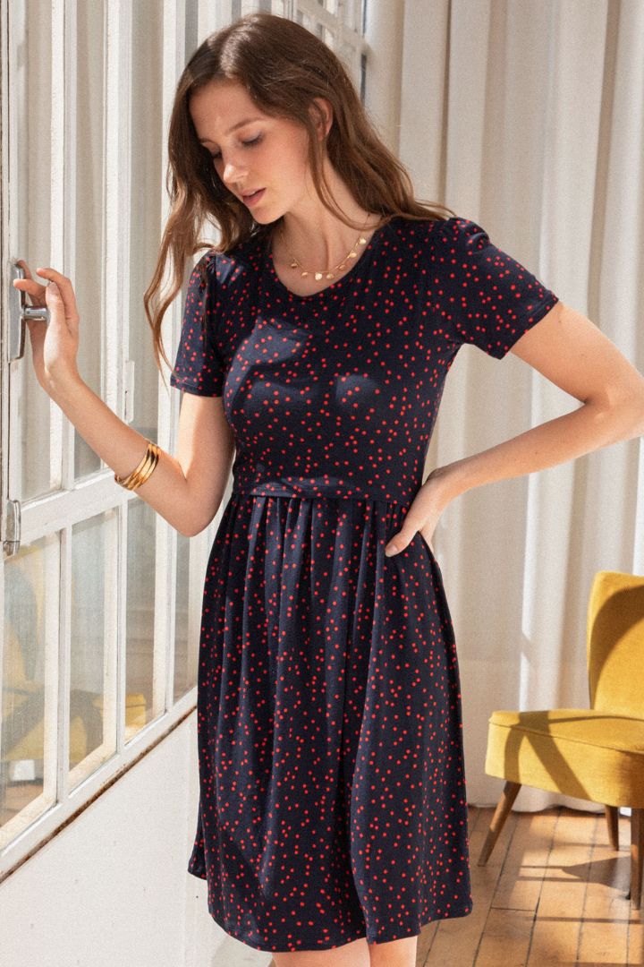 Spotted Maternity and Nursing Dress Short Sleeves navy/red