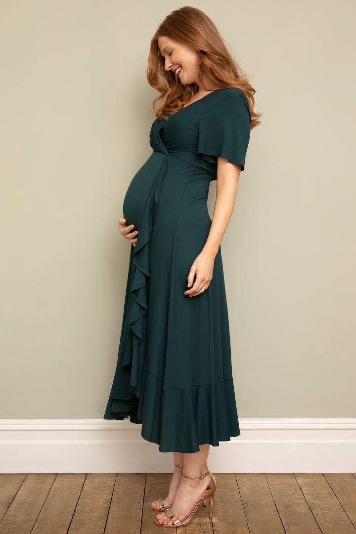 Ecovero Waterfall Midi Maternity and Nursing Dress dark green