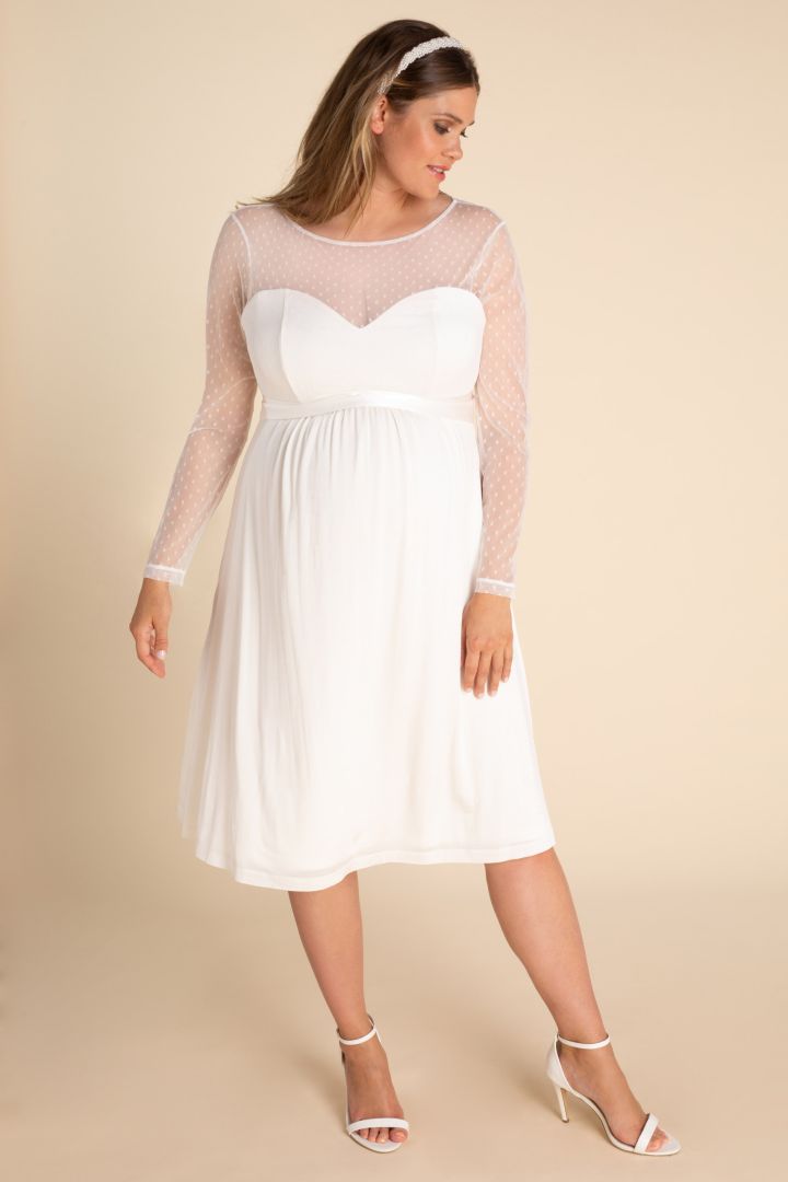 Plus Size Maternity Wedding Dress with Dotty Lace and Long Sleeves