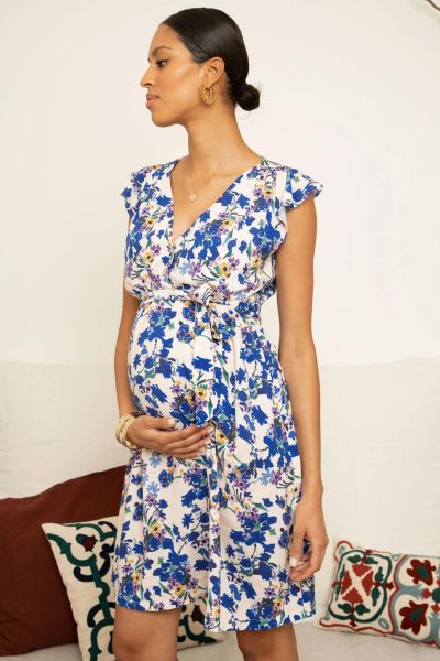 Maternity and Nursing Dress with Ruffle Sleeves and Floral Print