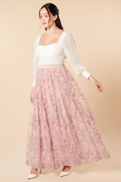 Tulle Maxi Maternity Bridal Skirt with Leaf Embroidery pink