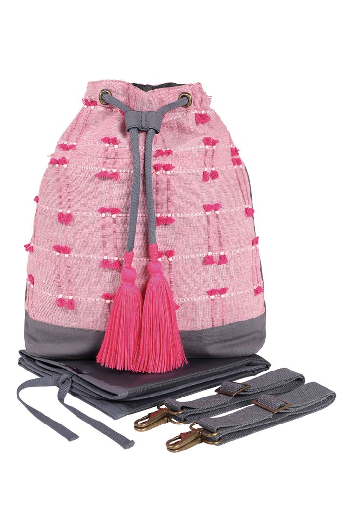 Bucket Baby-Changing Bag and Backpack flowing sari pink pattern