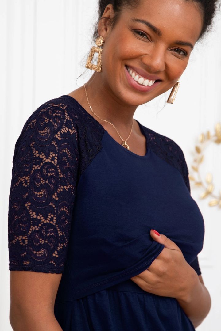 Maternity and Nursing Dress with 3/4 Lace Sleeves navy