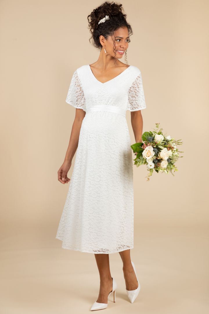 Midi Maternity Wedding Dress with Floral Lace
