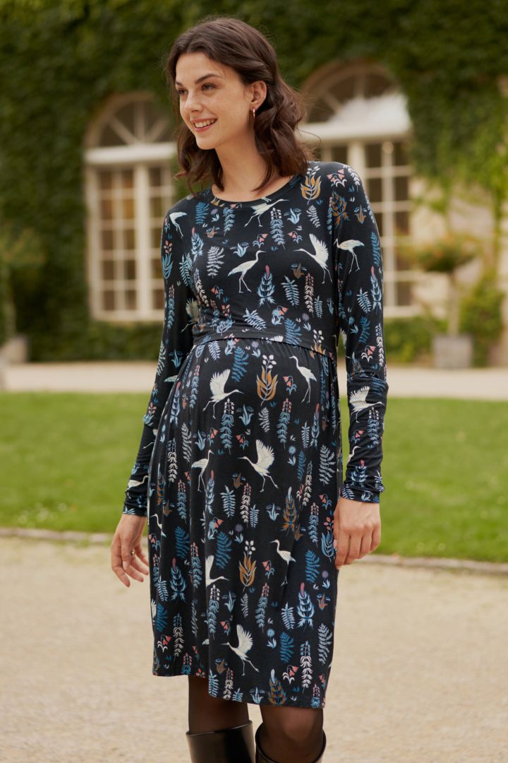 Maternity and Nursing Dress with Stork Print
