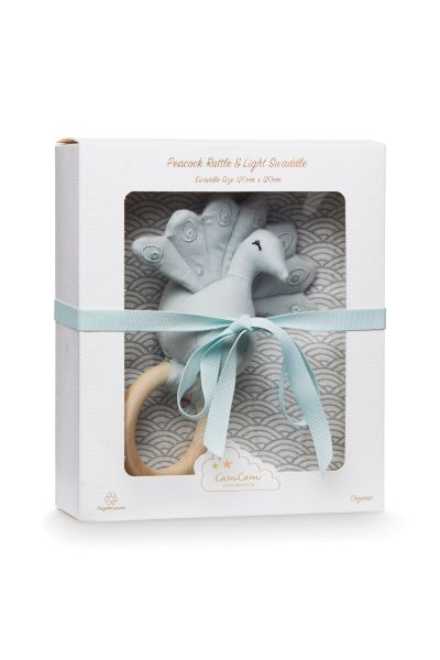 Gift Box with Organic Swaddle and Rattle grey