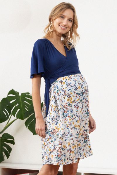 Maternity and Nursing Dress in a Mix of Materials with Floral Print