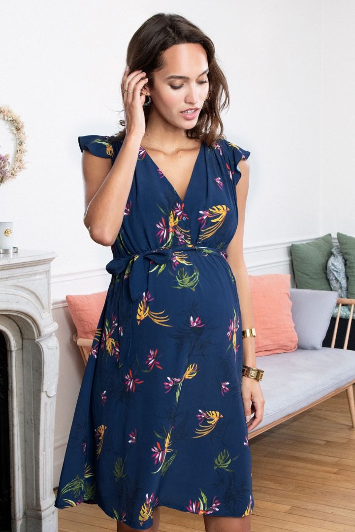 Maternity and Nursing Dress with Ruffle Sleeves