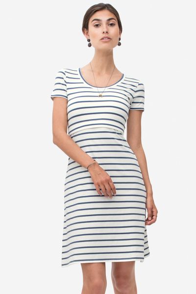 Striped maternity and nursing dress made from organic cotton blue
