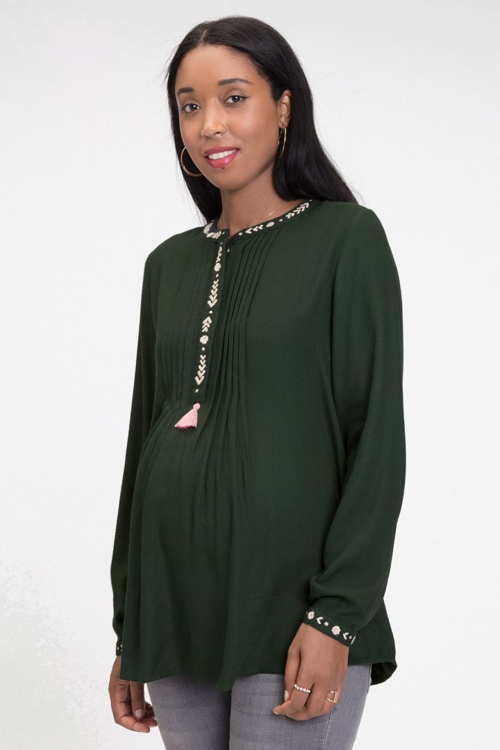 Pleated Maternity and Nursing Tunic dark green