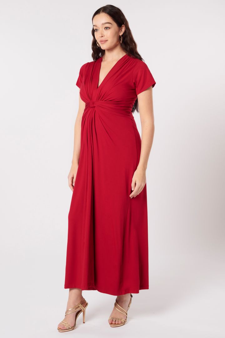Ecovero Maxi Maternity and Nursing Dress with Knot Detail burgundy