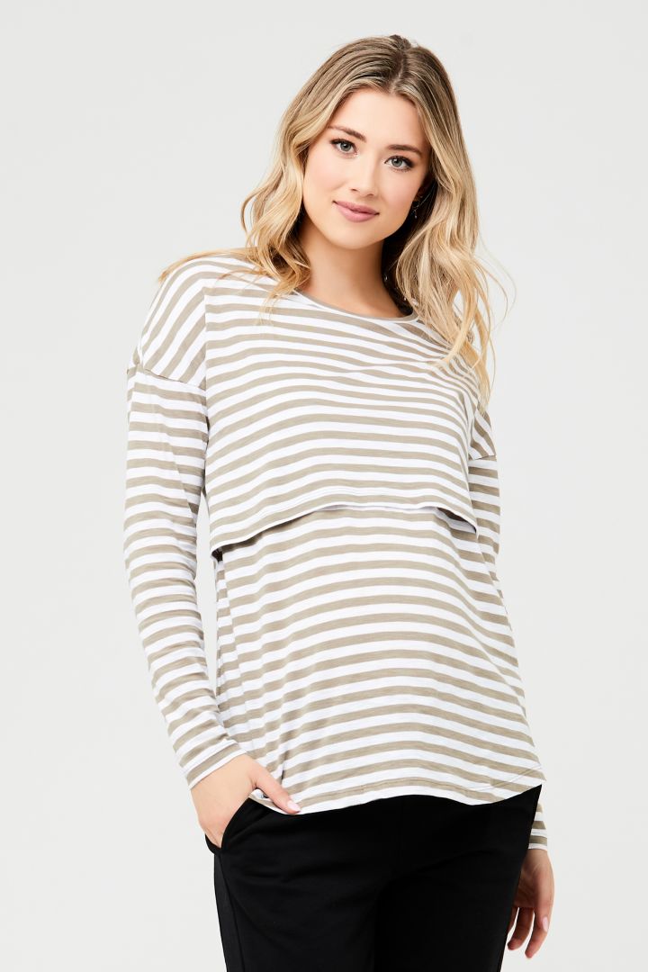 Maternity and Nursing Shirt with Stripes khaki/white