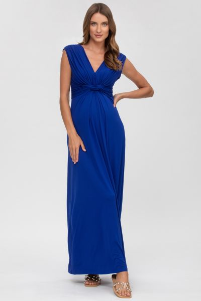 Maxi Maternity and Nursing Dress with Knot Detail Blue