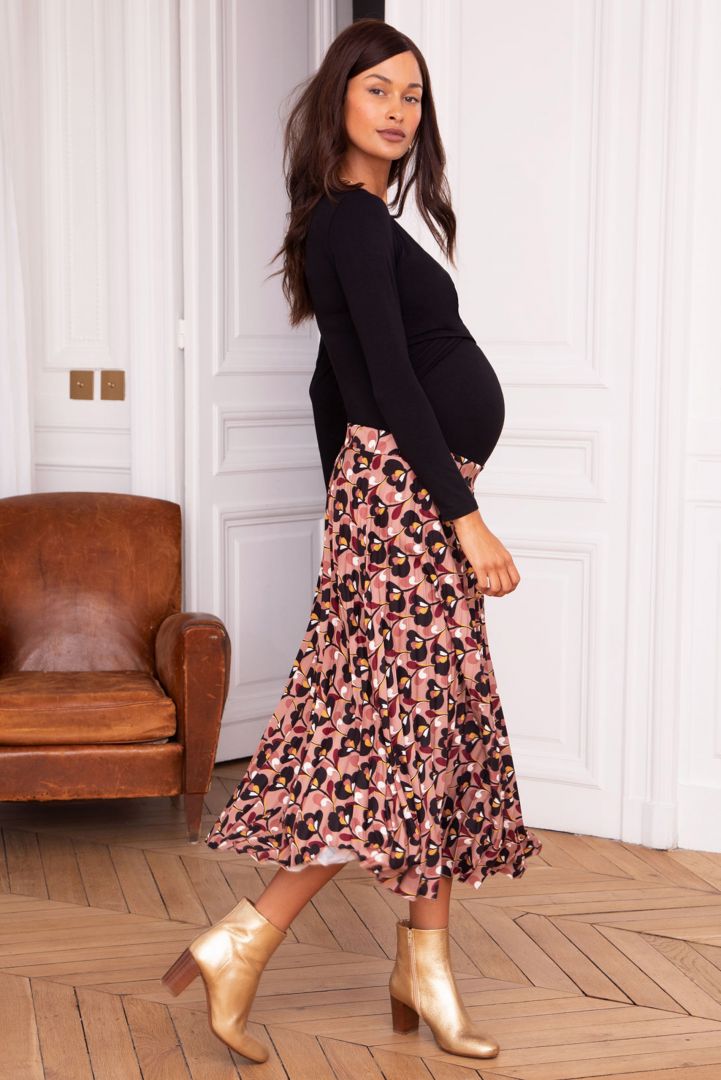 Maternity Pleated Skirt with Elastic Waist Pink
