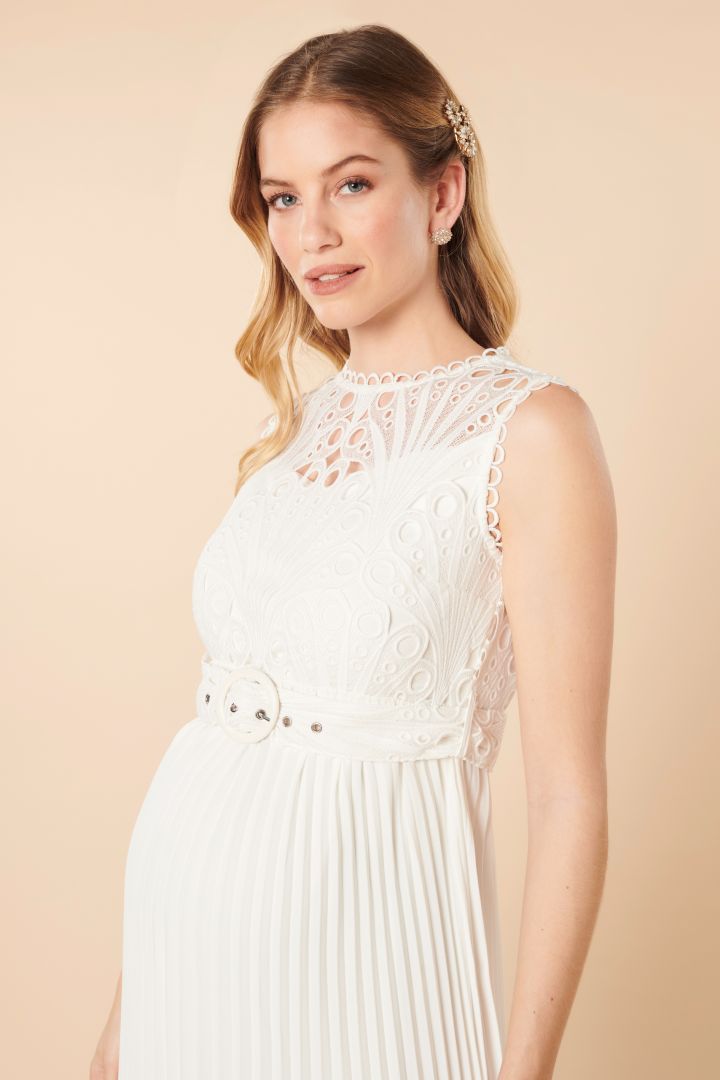 Pleated Maternity Wedding Dress with Ornamental Lace and Belt