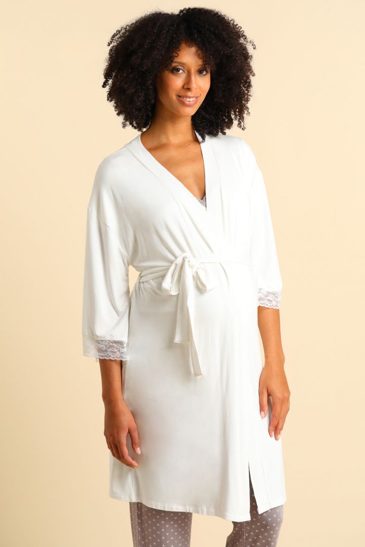 Modal Dressing Gown with Lace offwhite