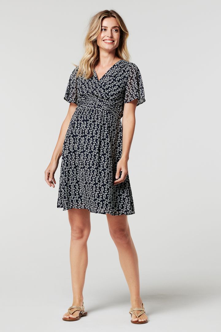 Chiffon Maternity Dress with Short Cap Sleeves and Flower Print