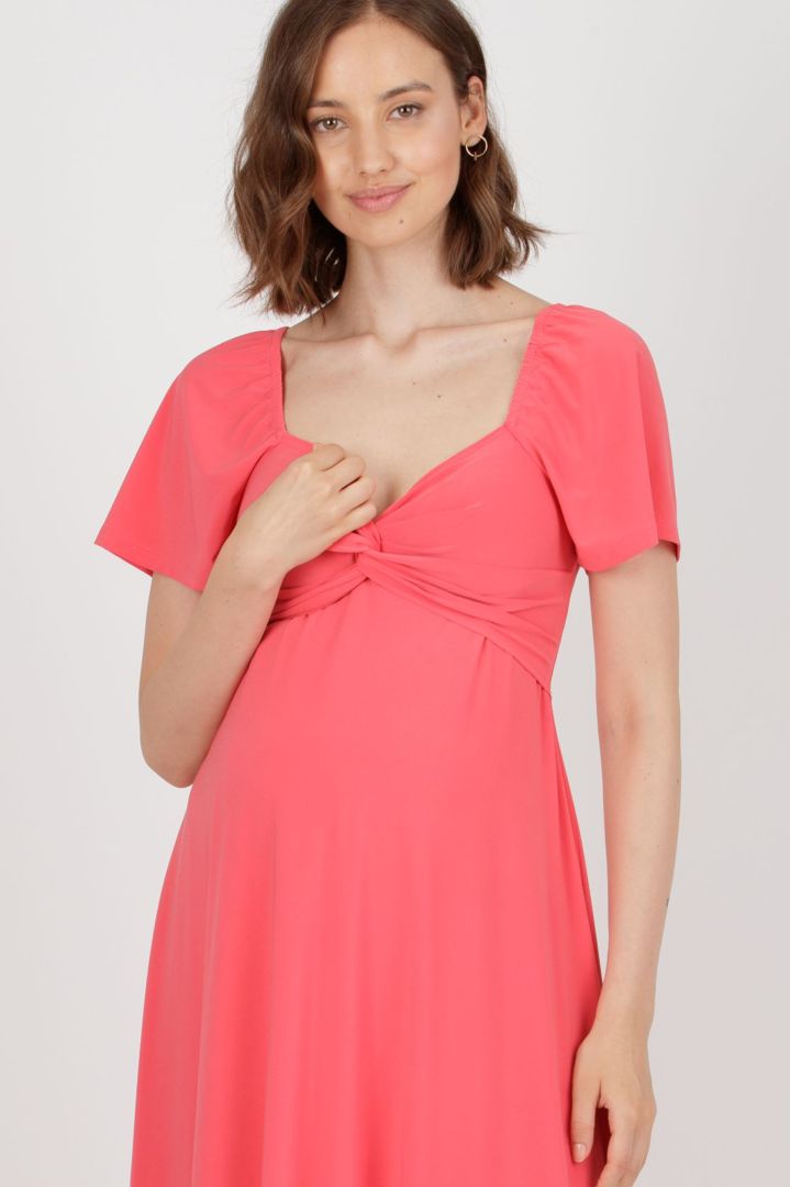 Festive Maternity and Nursing Dress with Knot Detail coral