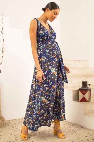 Maxi Maternity and Nursing Strap Dress with Floral Print blue