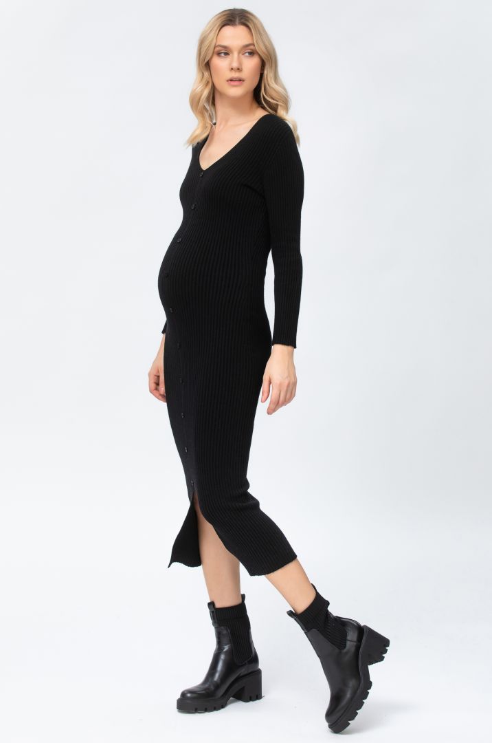 Ribbed Knit Maternity Dress with Buttons black