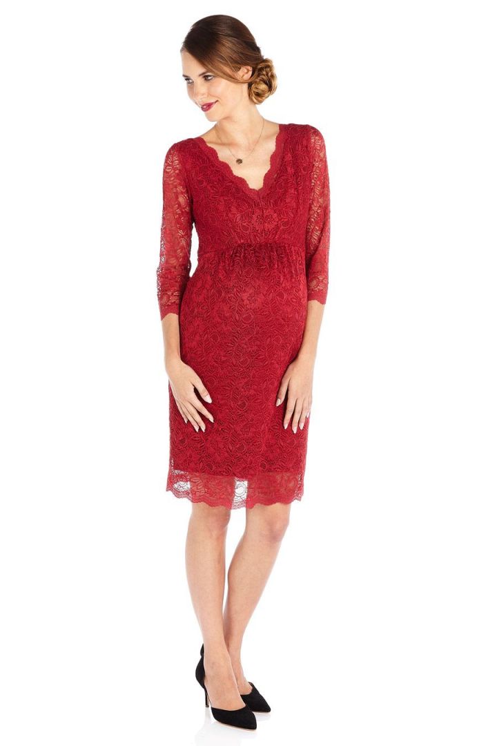 V-Neck Lace Dress cherry red