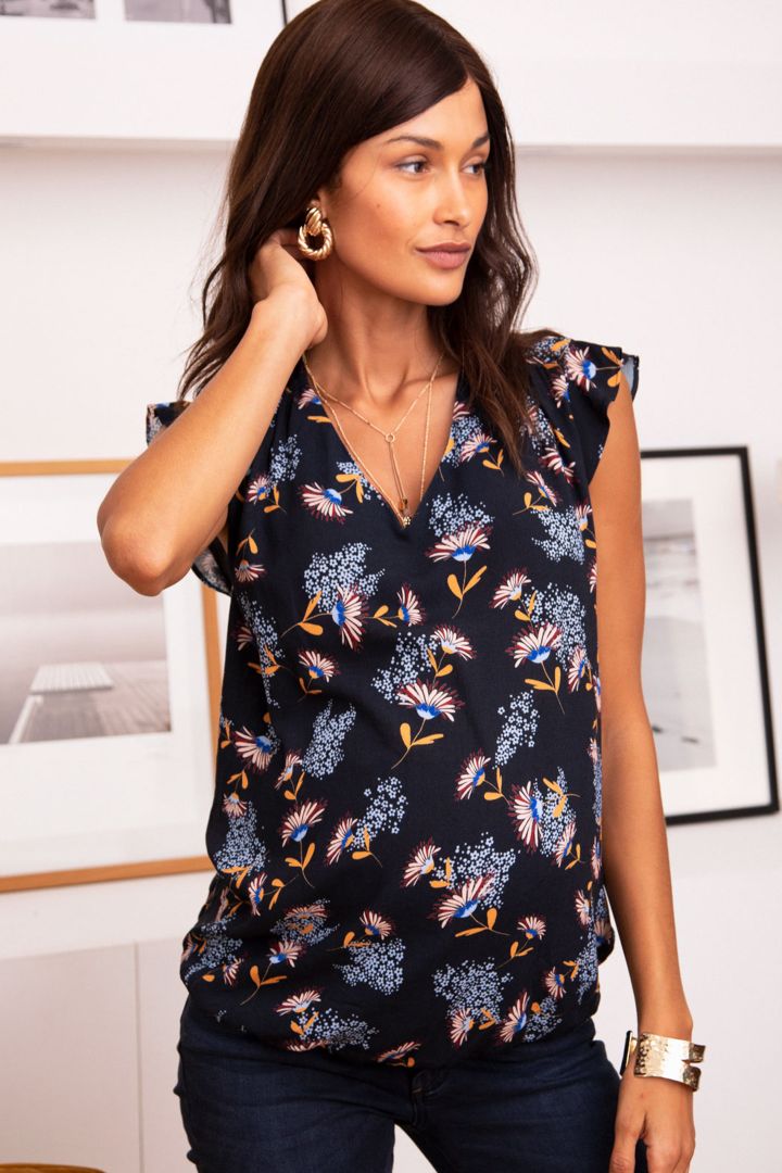 Maternity Blouse with Floral Print navy