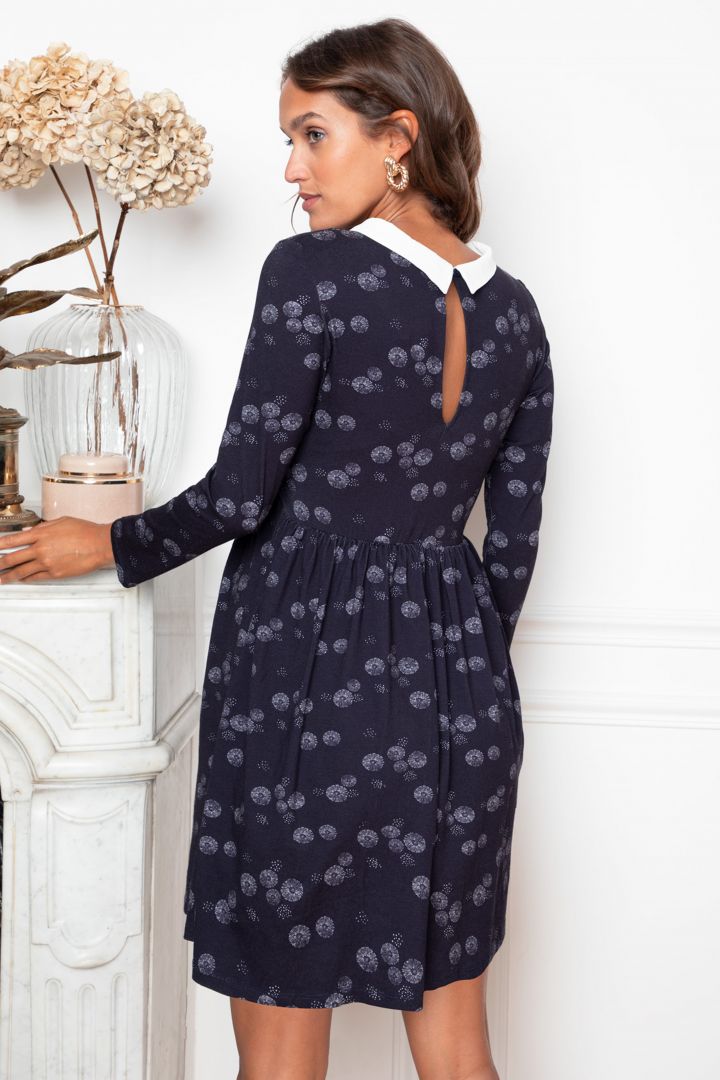 Maternity and Nursing Dress with Peter Pan Collar and Flower-Print