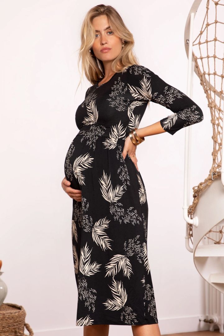 Midi Maternity and Nursing Dress with Leaves Print