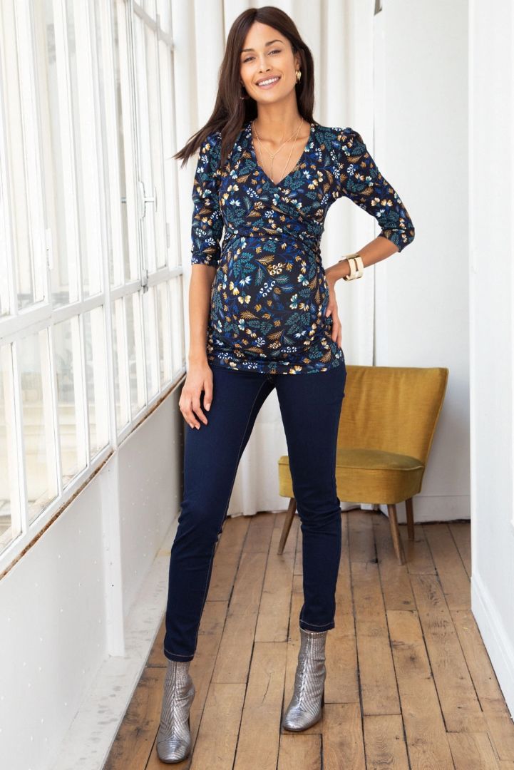 Cross-over Maternity and Nursing Shirt with Leaves Print