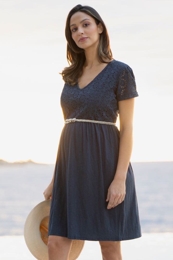Maternity and nursing dress with perforated lace navy