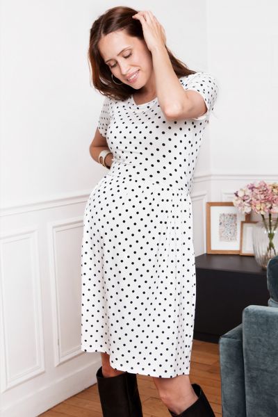 Spotted Maternity and Nursing Dress Short Seeves white