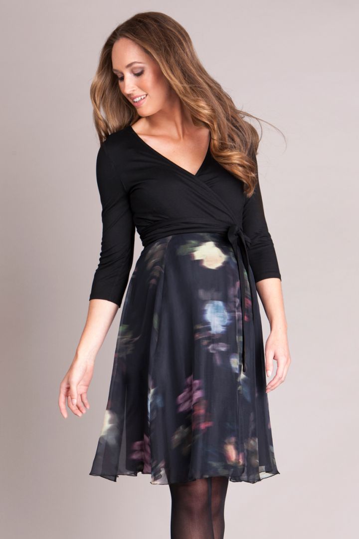 Black Floral Silk Wrap Maternity Dress short