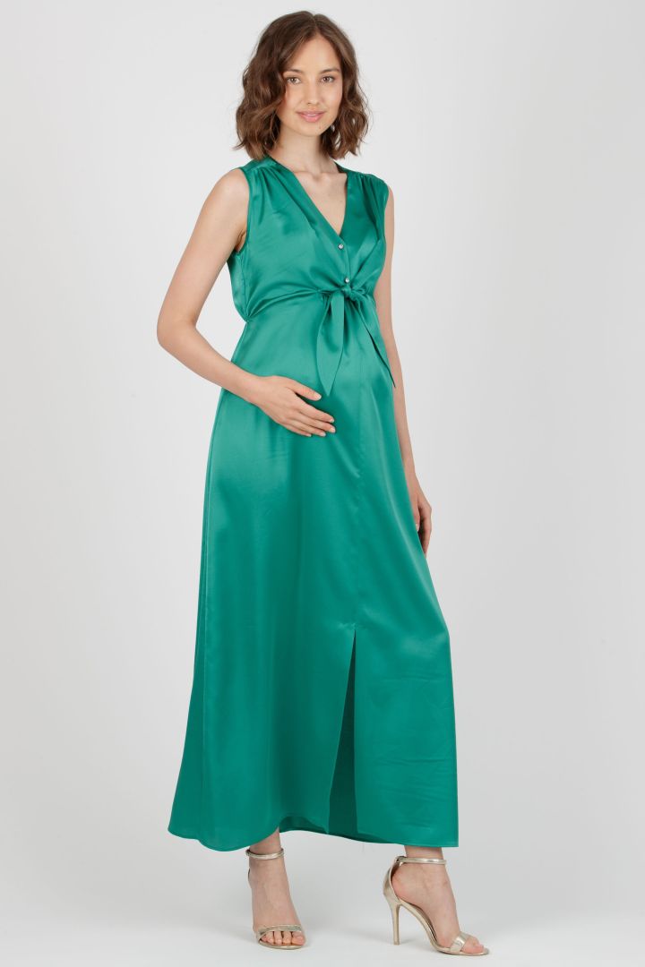 Maxi Maternity and Nursing Satin Dress with Knot Detail green