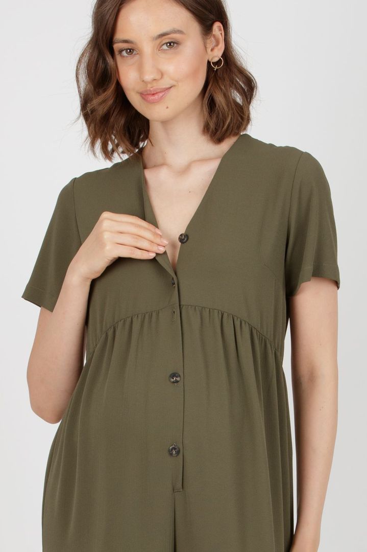 Crepe Maternity and Nursing Jumpsuit with Button Placket khaki