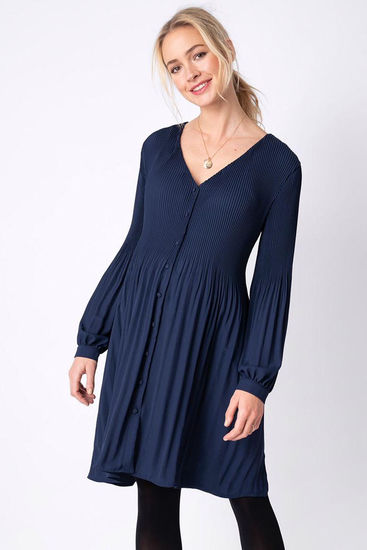 Pleated maternity and nursing dress with button facing